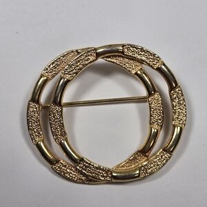 Textured Gold Tone Double-Circle Brooch - Women's Jewelry
